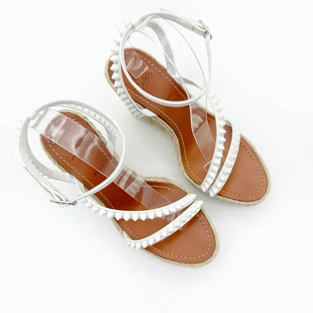CHRISTIAN LOUBOUTIN Mafaldina Wedge Heels 39 US 8.5 Spiked Sandals White Leather